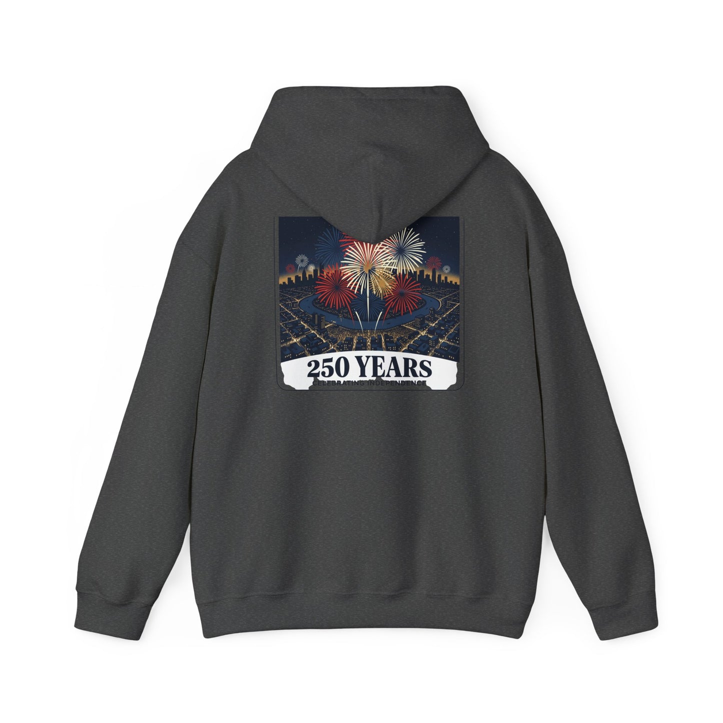 Dark gray graphic hoodie with back fireworks “250 years” print