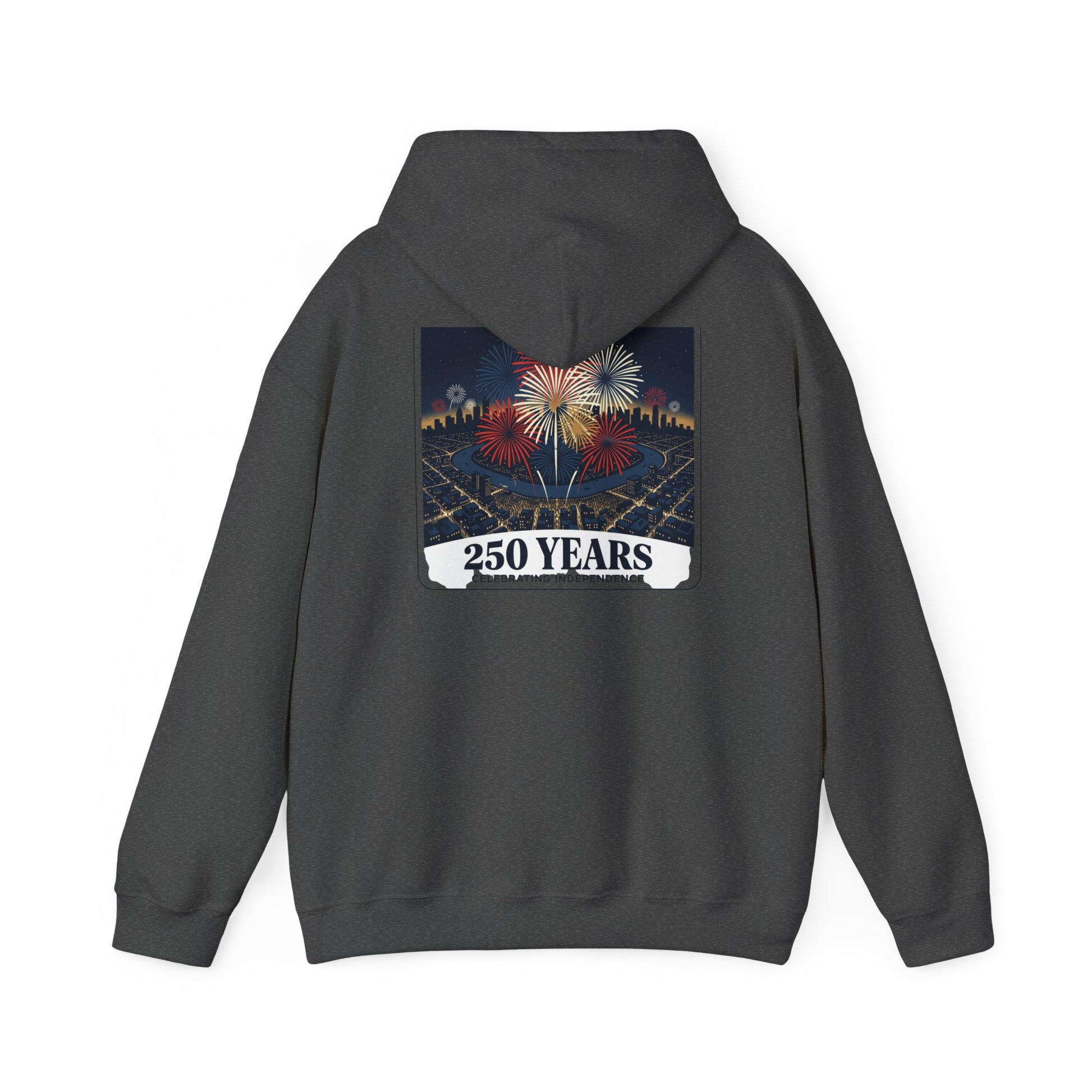 Dark gray graphic hoodie with back fireworks “250 years” print