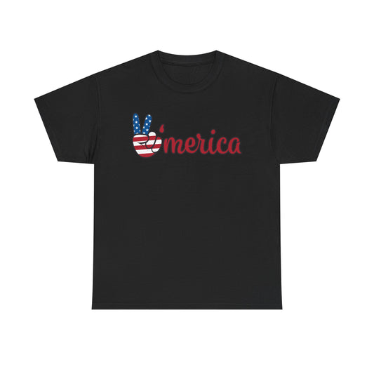 Black crewneck graphic T-shirt with red, blue and white "merica" logo