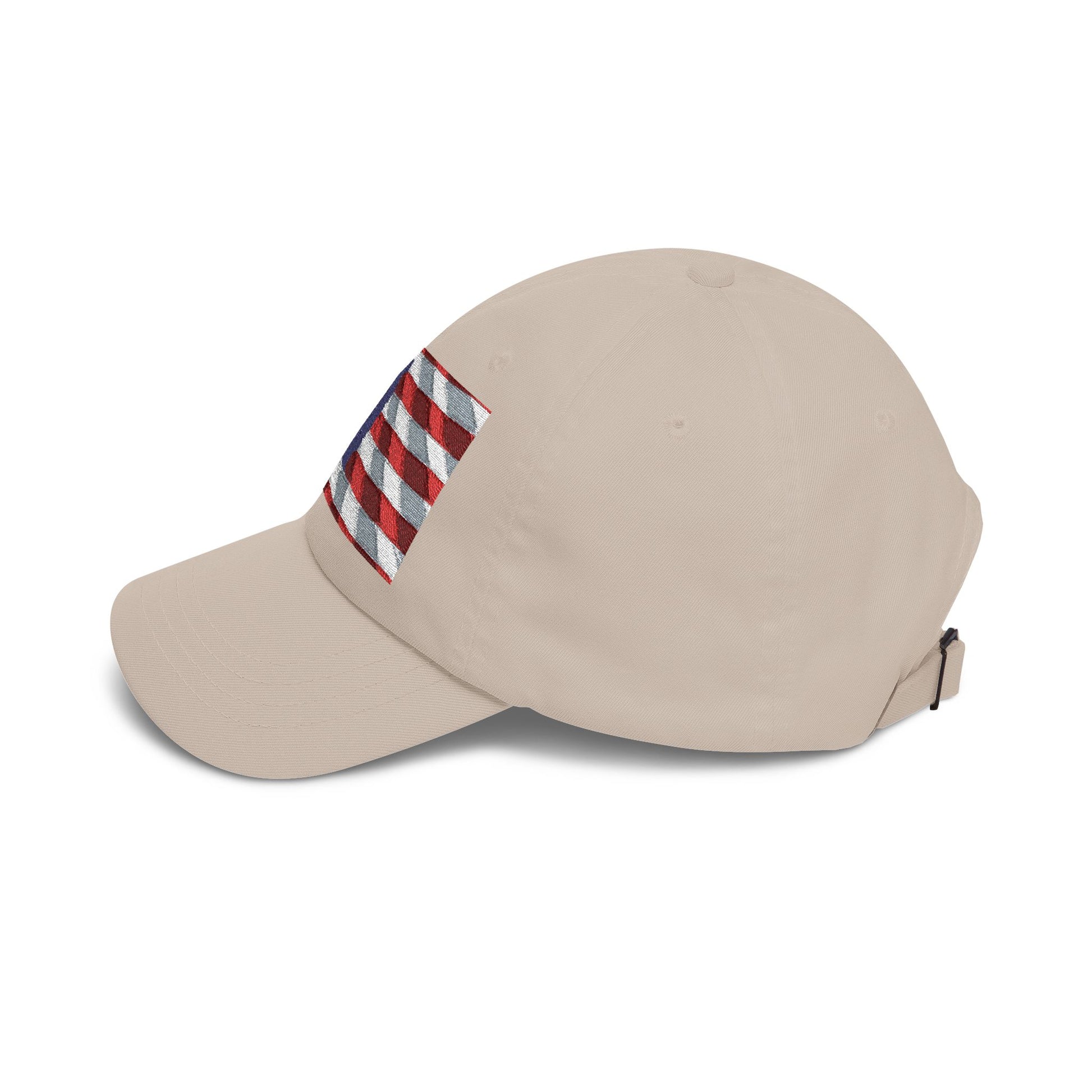 Khaki dad cap with small distressed American flag patch on the side