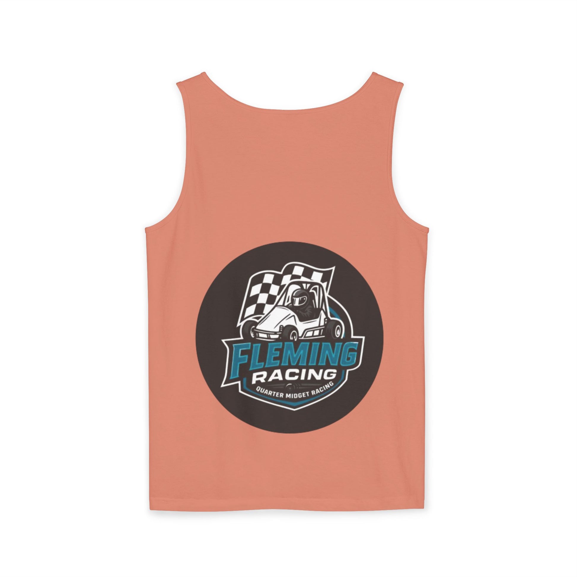 Coral racing tank top with central black motorsports logo graphic