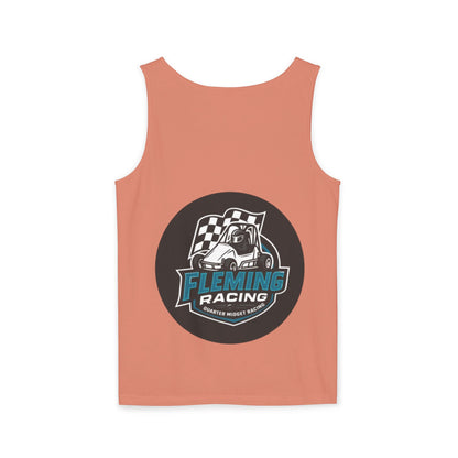 Coral racing tank top with central black motorsports logo graphic