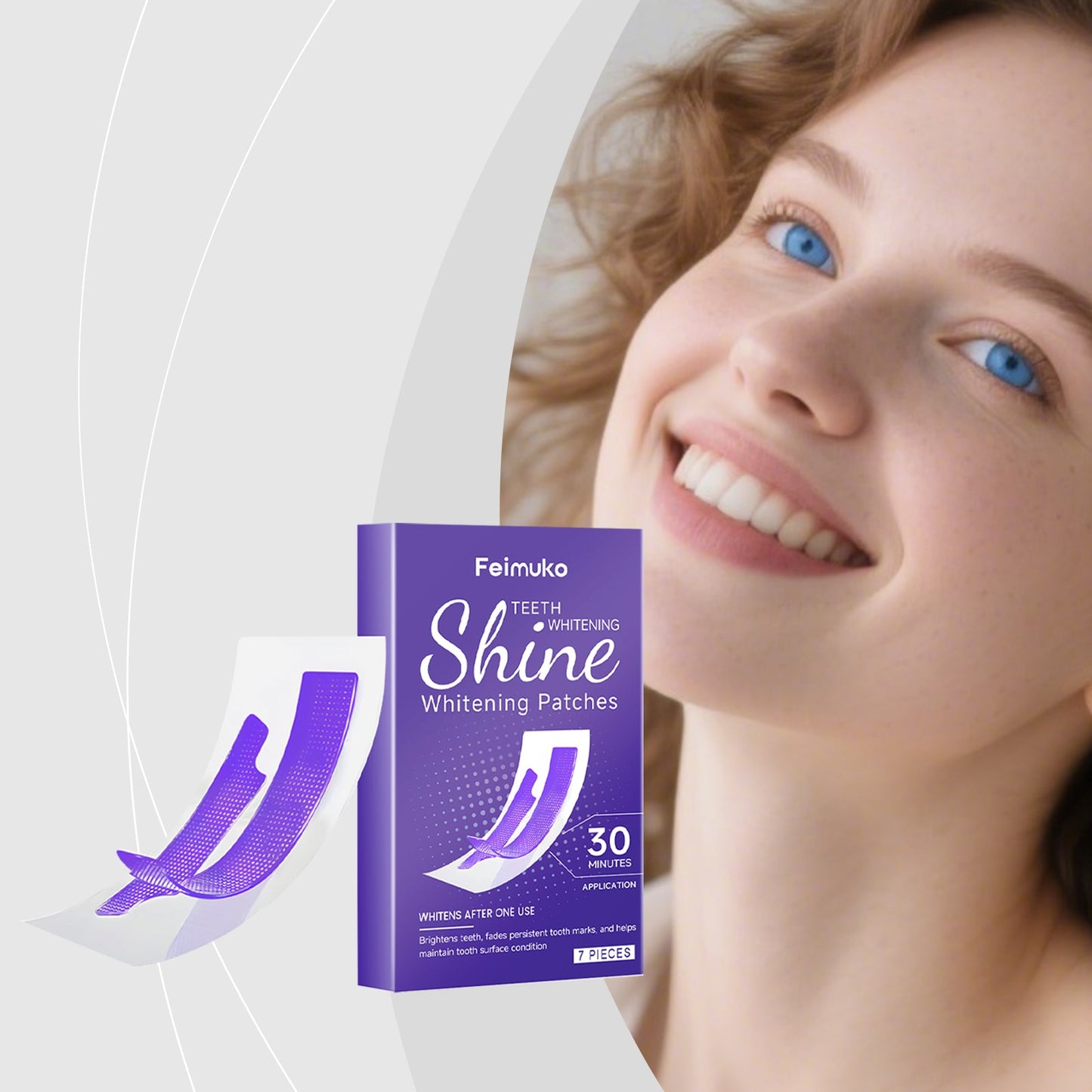 Teeth whitening patches box with purple packaging and curved patch icon