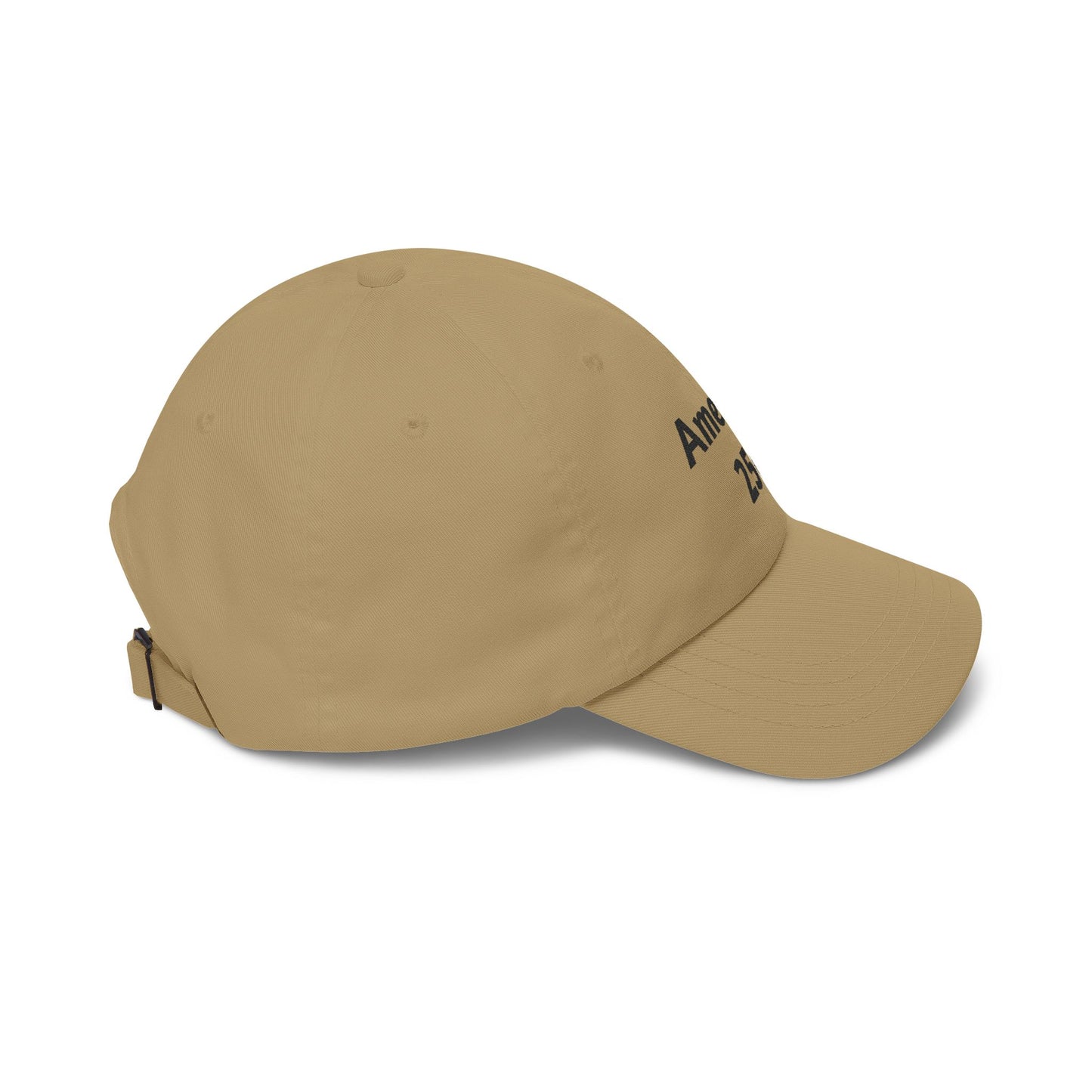 Stone dad cap, angled view with embroidered side lettering and curved brim