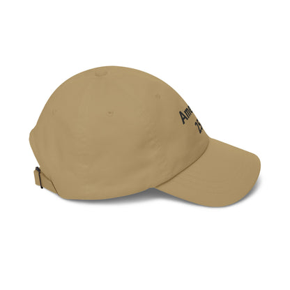 Stone dad cap, angled view with embroidered side lettering and curved brim