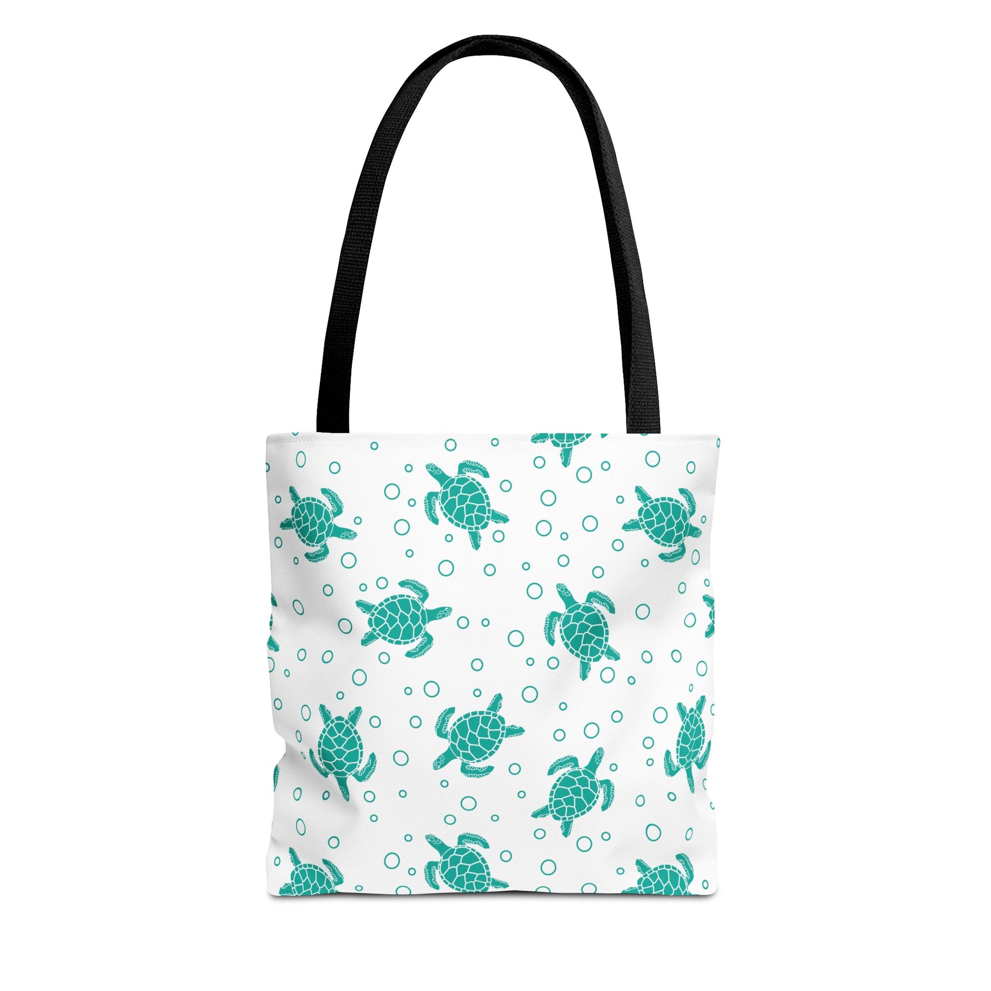 Sea turtle pattern tote bag with teal repeating turtles and black carry handles