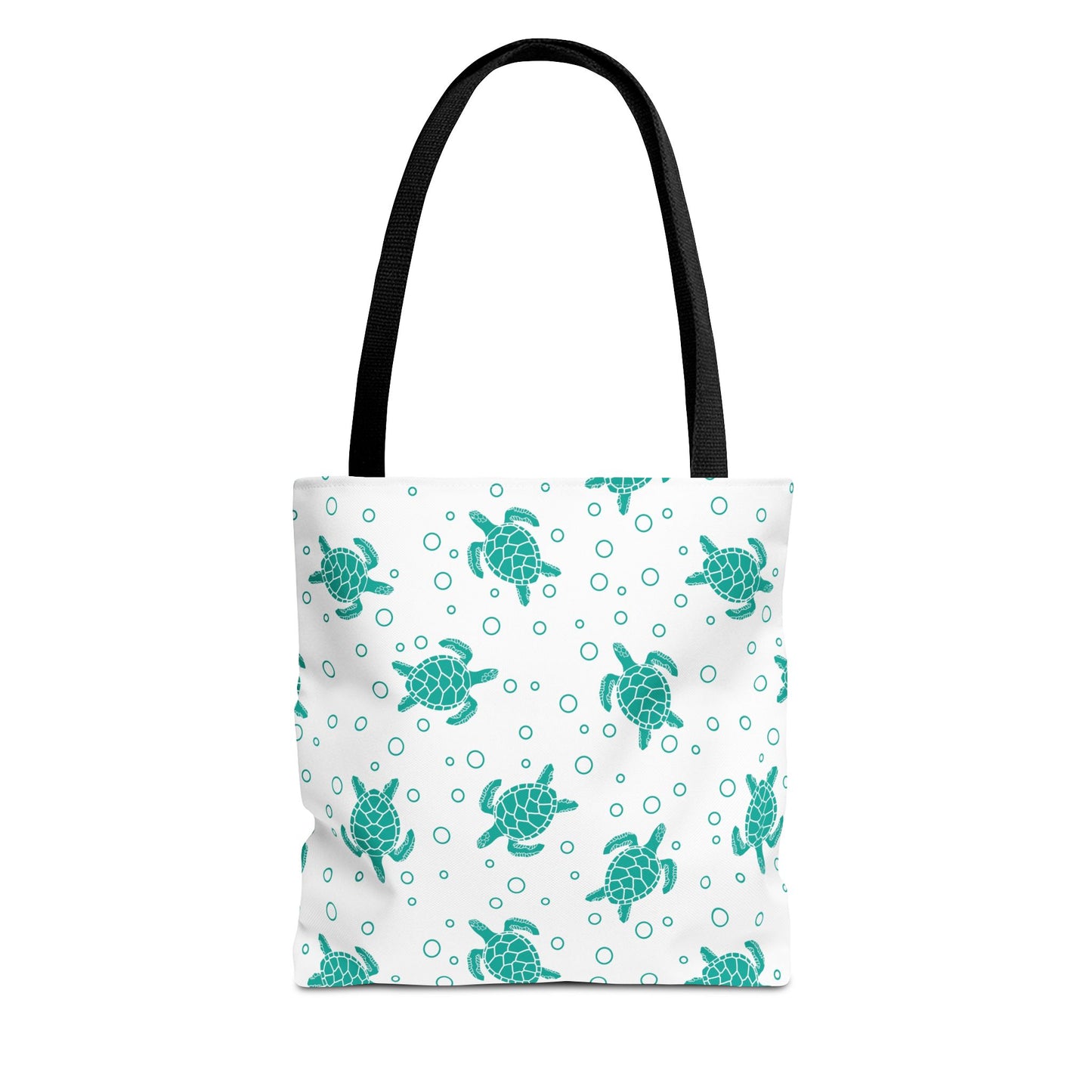 Sea turtle pattern tote bag with teal turtles on white background and black handles