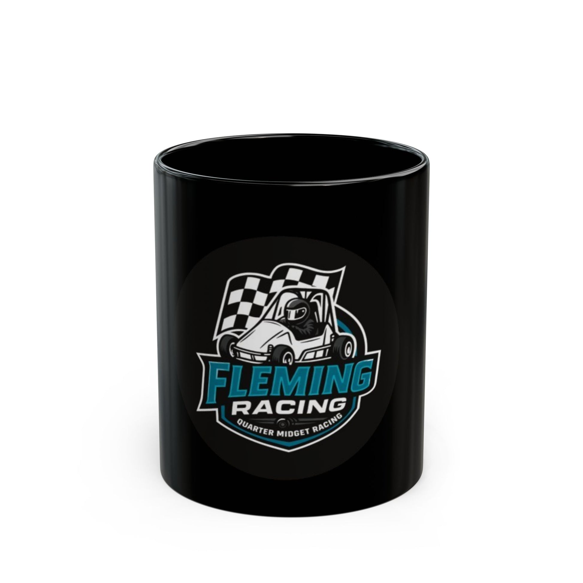 Black ceramic mug with Fleming Racing logo on front