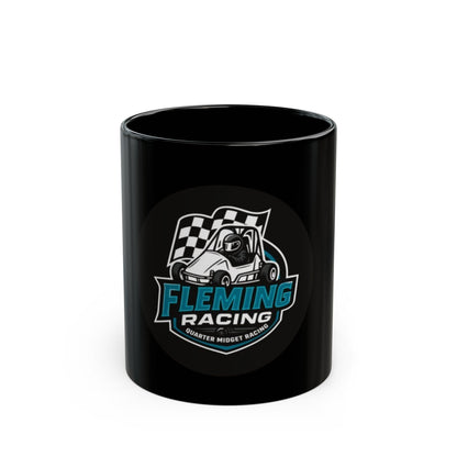 Black ceramic mug with Fleming Racing logo on front