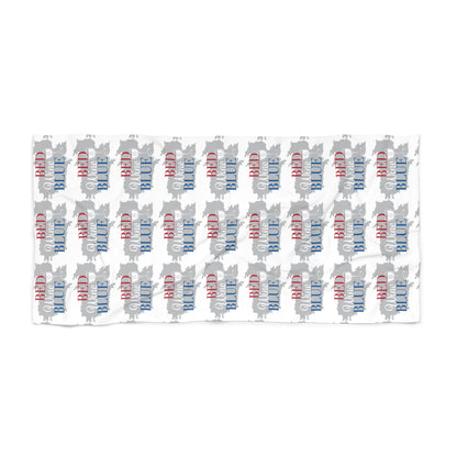 White beach towel with repeating red and blue script pattern