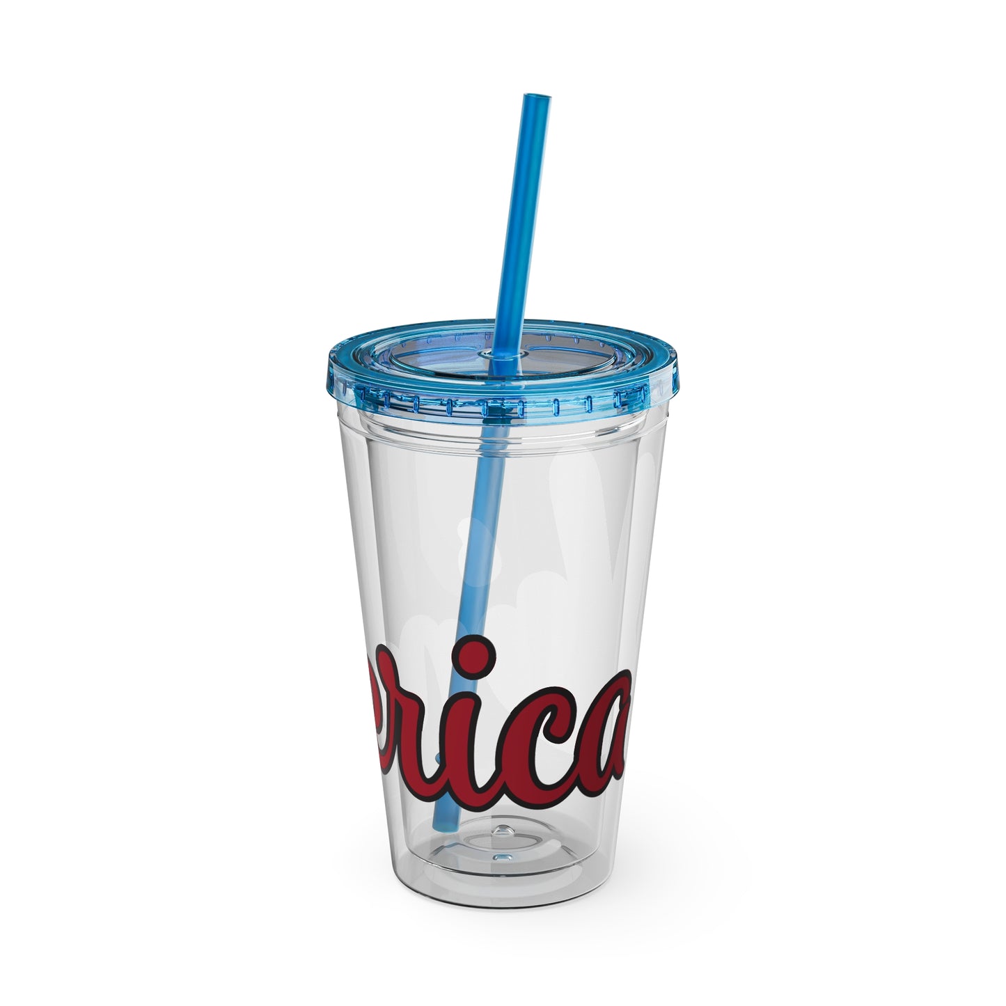 16oz clear tumbler, light blue lid and straw, red decal reading 'rica'