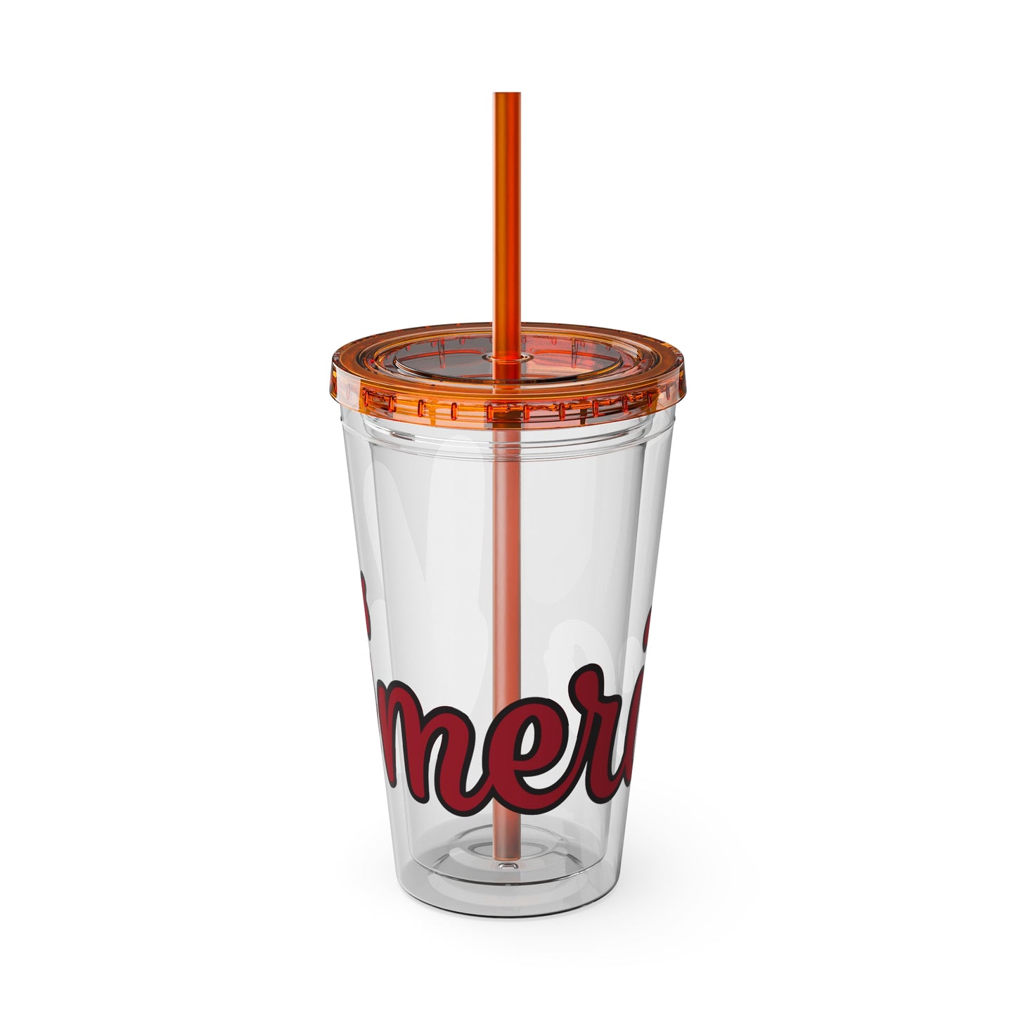 Clear 16oz tumbler with lid and orange straw, red and black "mer" graphic