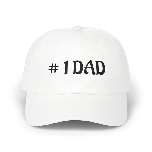 White embroidered dad cap with “#1 DAD” front text