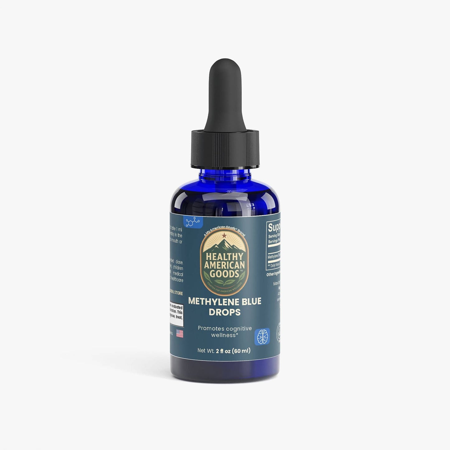 Methylene Blue drops bottle with black dropper, blue liquid in clear glass