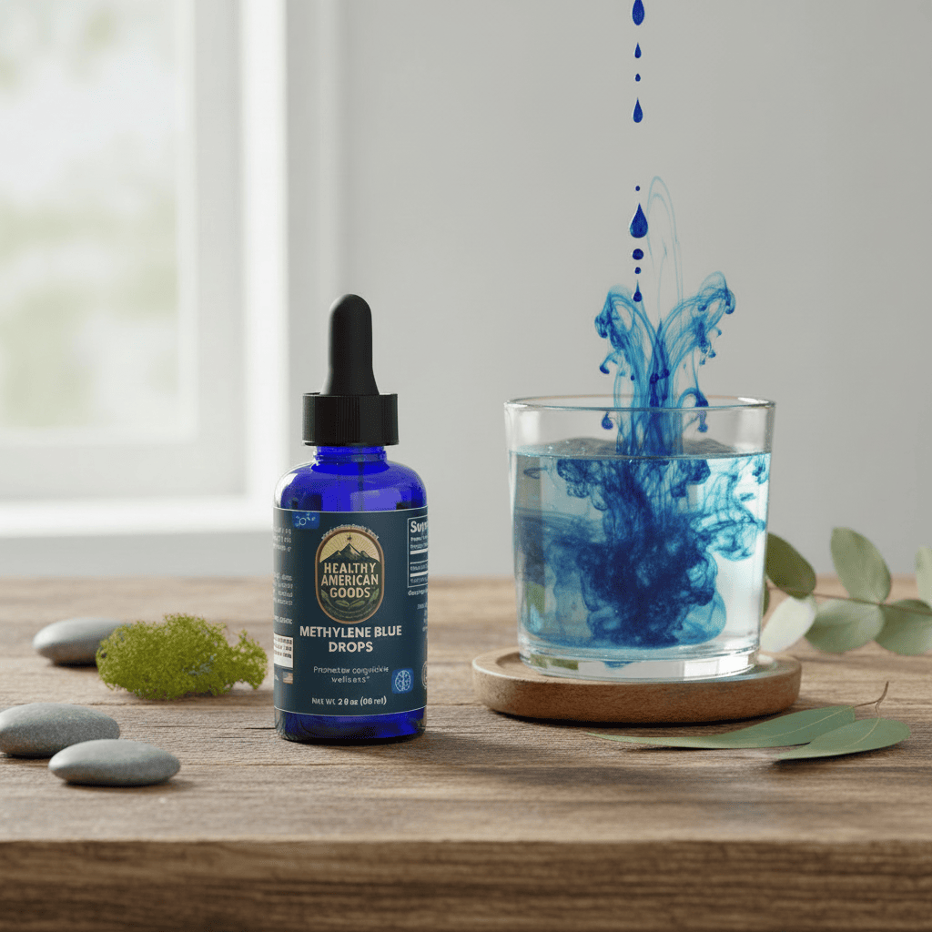 Methylene Blue drops bottle with dropper beside blue splash in glass cup