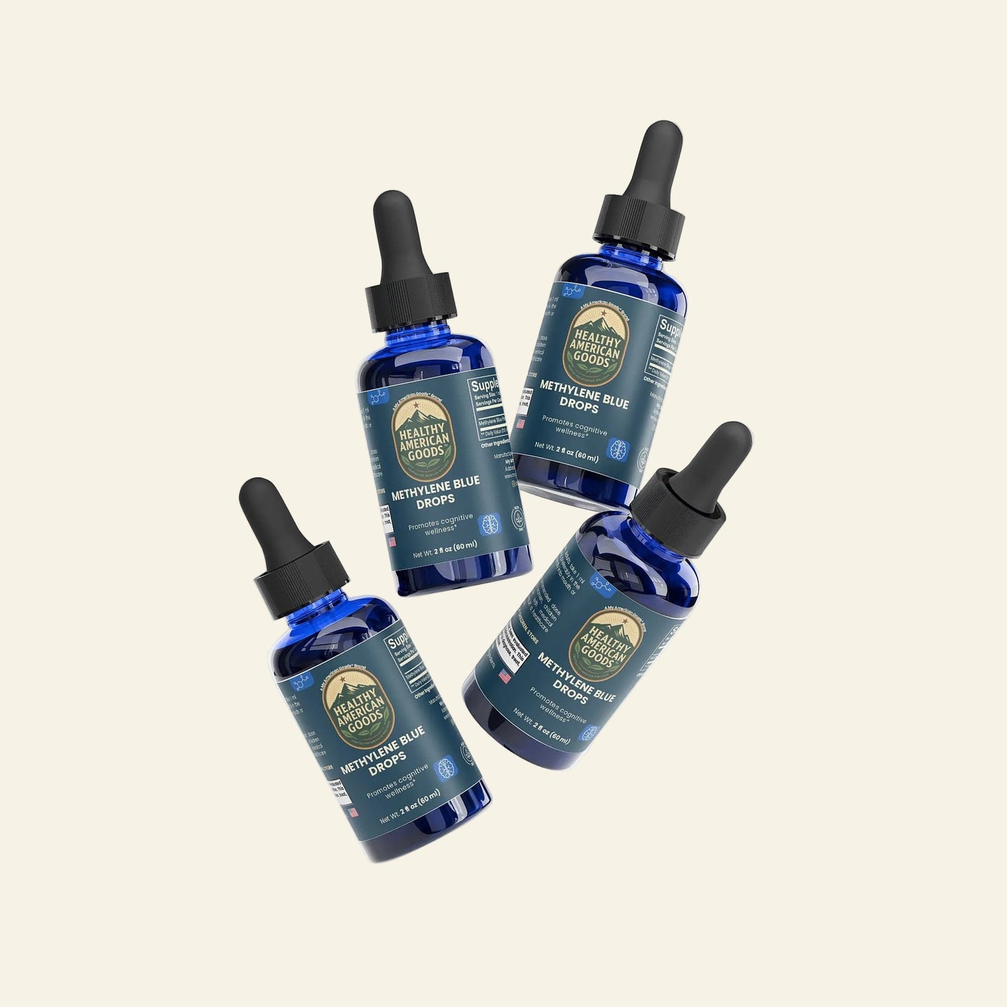 Set of five Methylene Blue drops bottles with black droppers