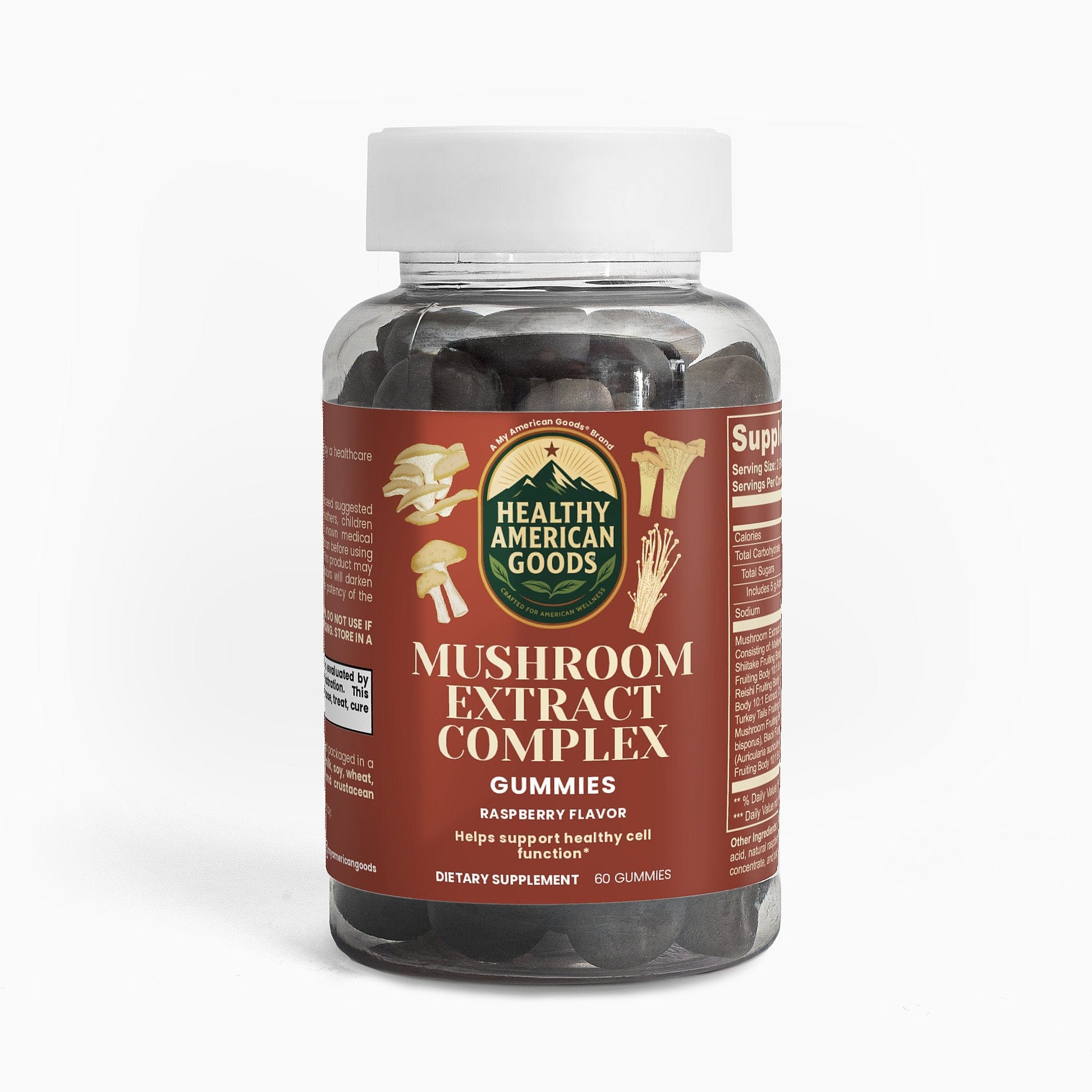 Mushroom extract complex supplement bottle with white cap and maroon label