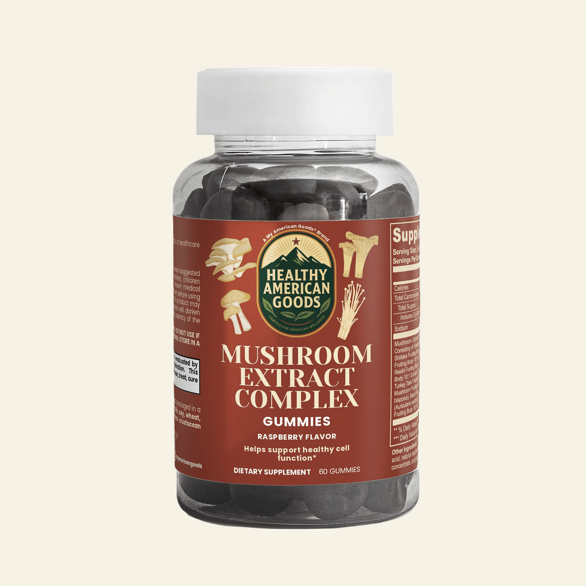 Mushroom extract complex supplement bottle with white cap and dark gummies inside