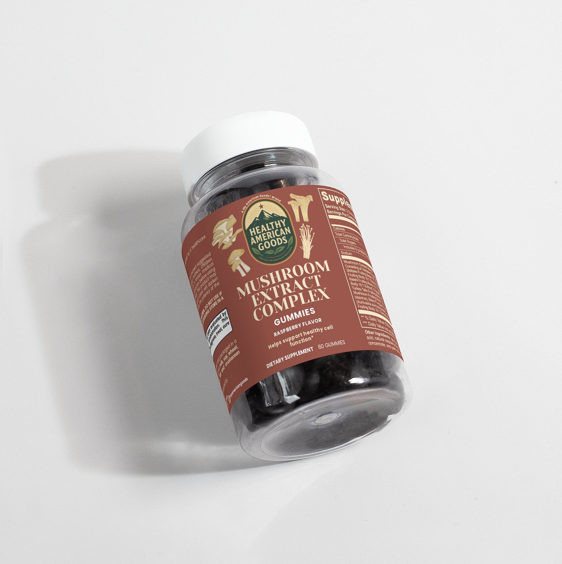 Mushroom extract complex supplement bottle, white cap, label facing camera on white