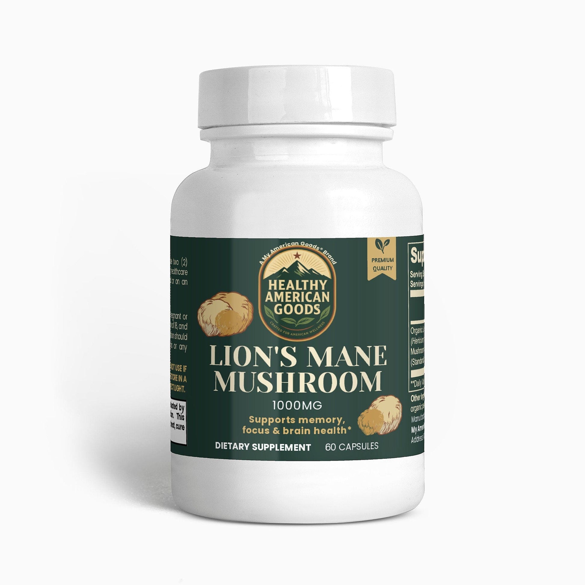 Mushroom dietary supplement bottle with green label and white cap, front view