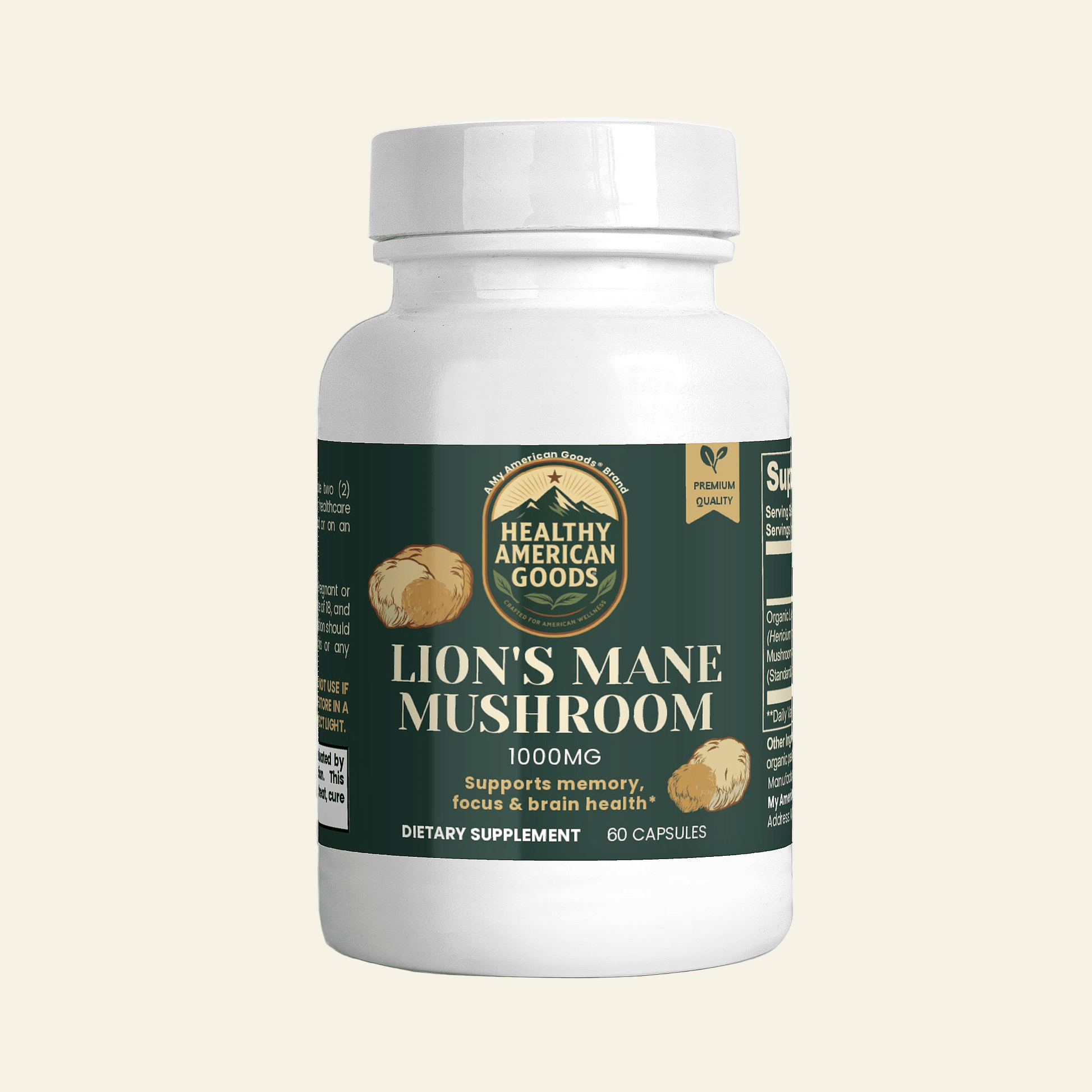 Lion's Mane mushroom supplement bottle with green label and white cap, 60 capsules
