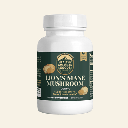 Lion's Mane mushroom supplement bottle with green label and white cap, 60 capsules