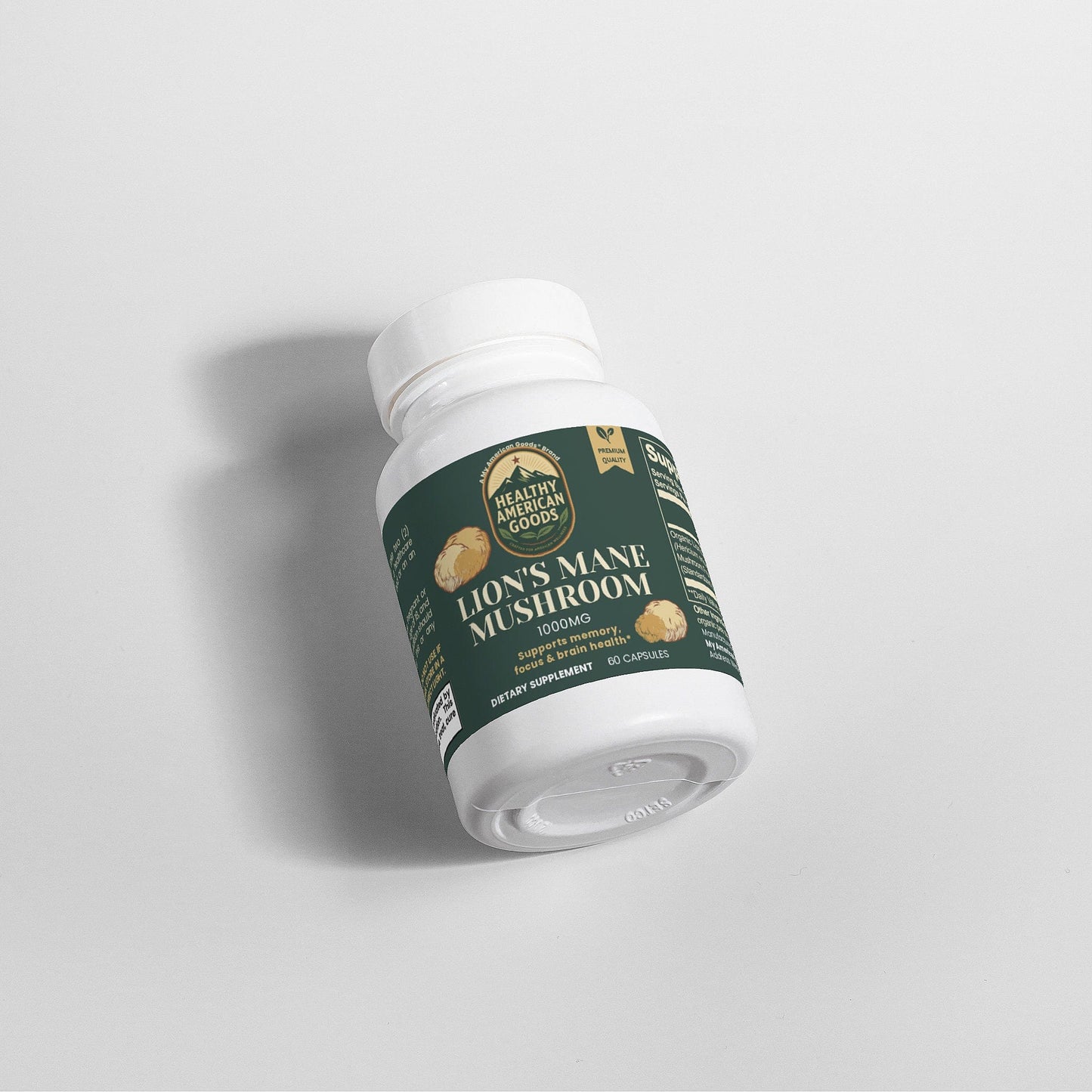 Mushroom supplement bottle angled on white background, green label visible