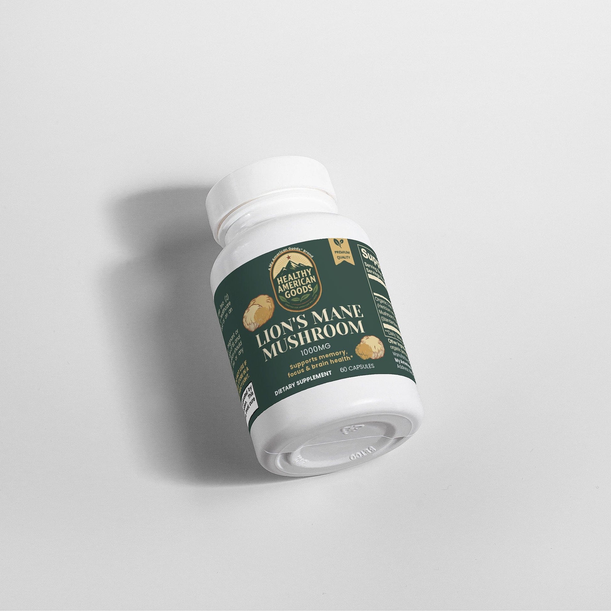 Mushroom supplement bottle angled on white background, green label visible