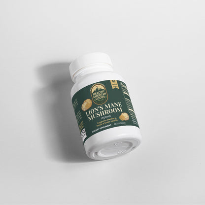 Mushroom supplement bottle angled on white background, green label visible