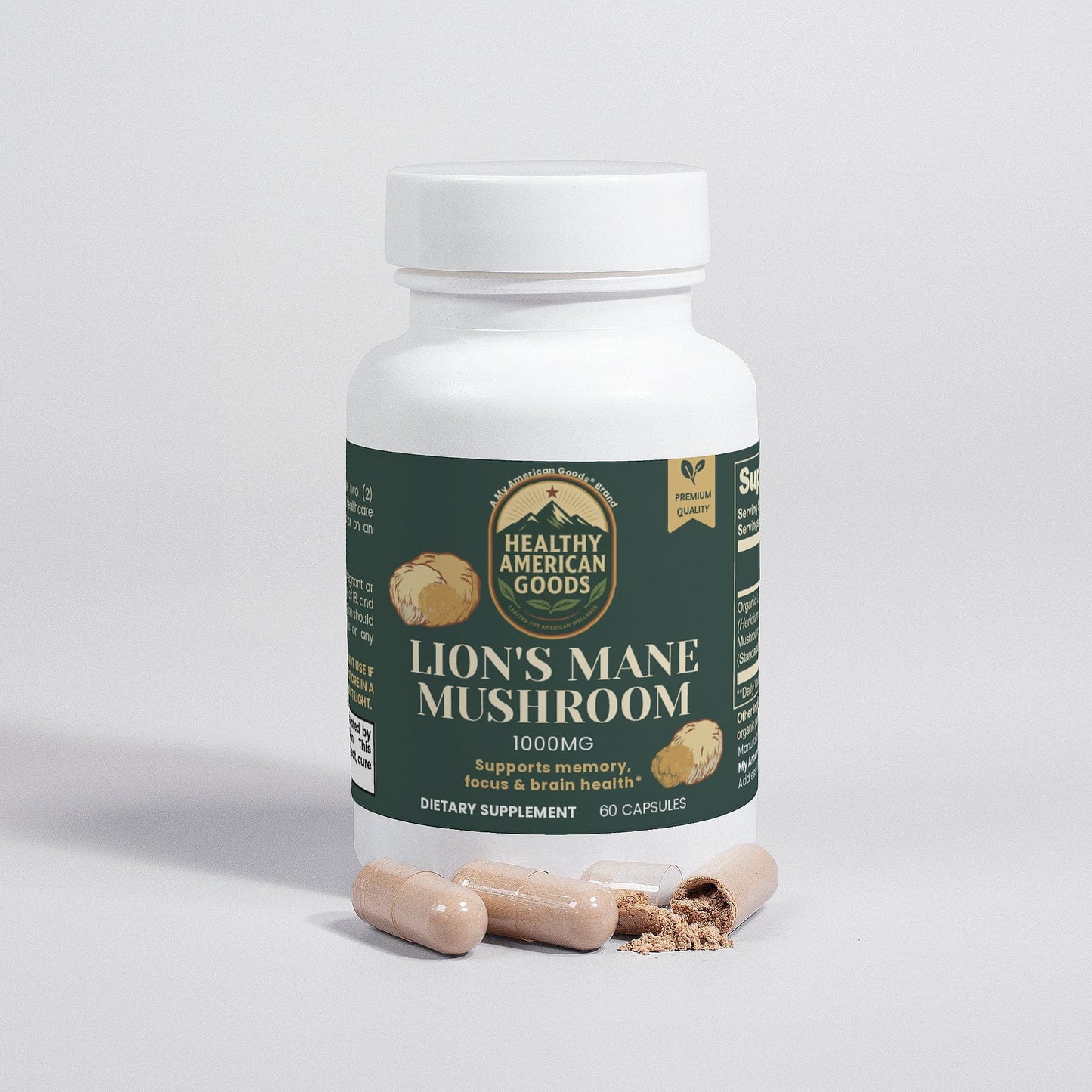 Lion's Mane mushroom supplement bottle with beige capsules and powder on white background