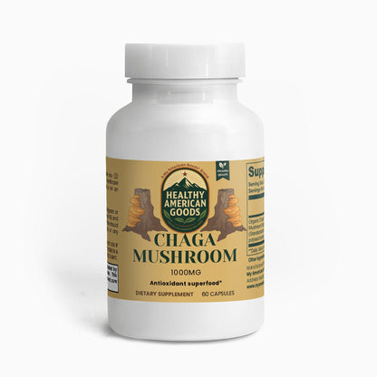 Chaga mushroom supplement bottle front view with white cap and gold label.