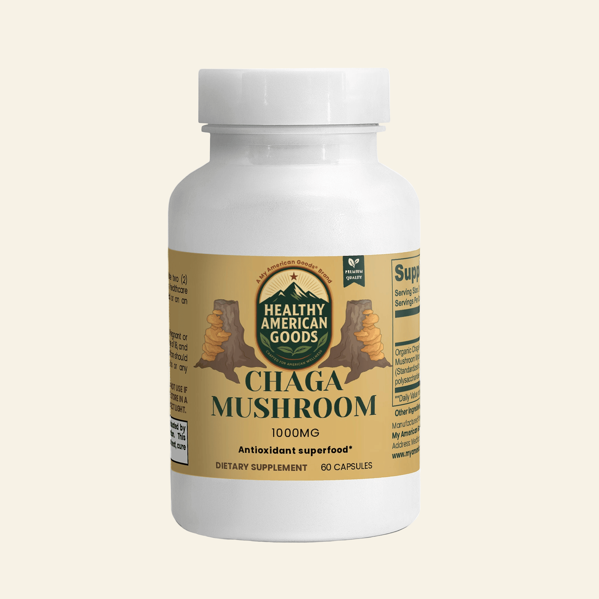 Chaga mushroom supplement bottle with white cap and gold label, 1000mg.