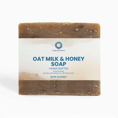 Oat milk & honey soap bar, dark brown top and bottom with white label