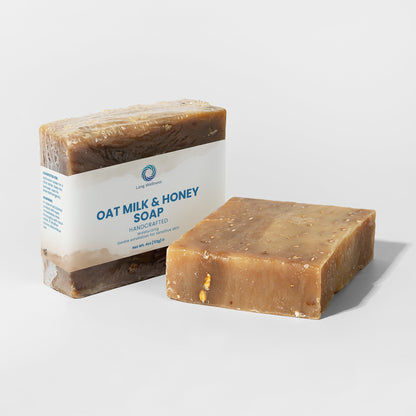Oat milk & honey soap bar set, wrapped bar with two unwrapped brown bars