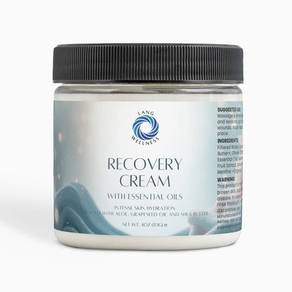 Recovery cream jar with black ribbed lid and white body; product label on front