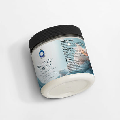 Recovery cream jar shown from a side angle with black lid and back label text
