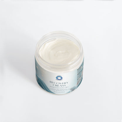 Open Recovery cream jar with thick white cream filling the container