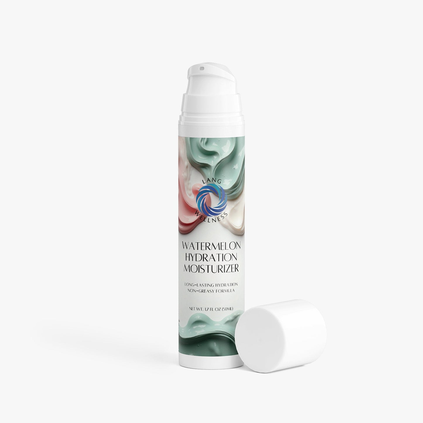 Watermelon hydration moisturizer bottle with white cap and spare cap