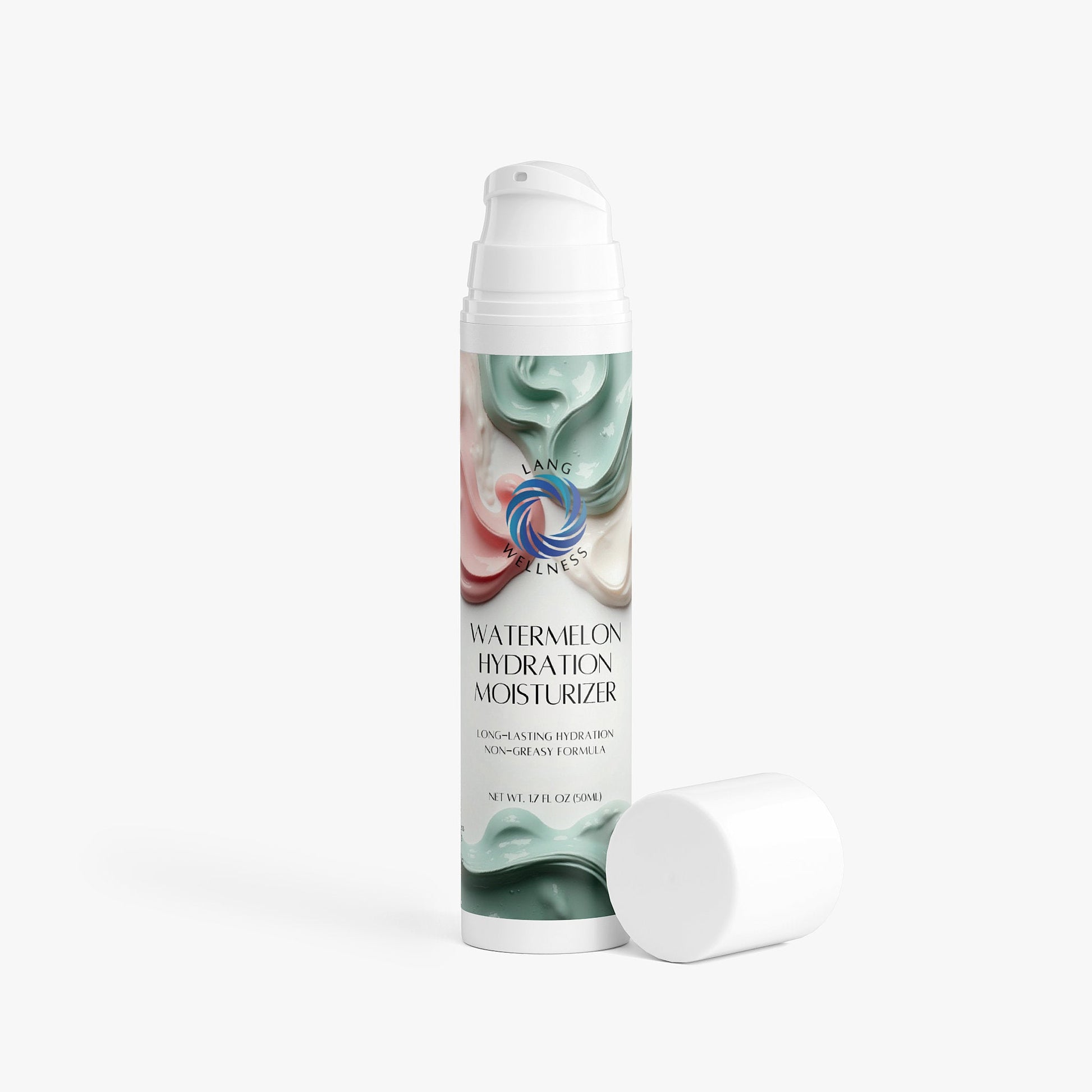 Watermelon hydration moisturizer bottle with white cap and spare cap