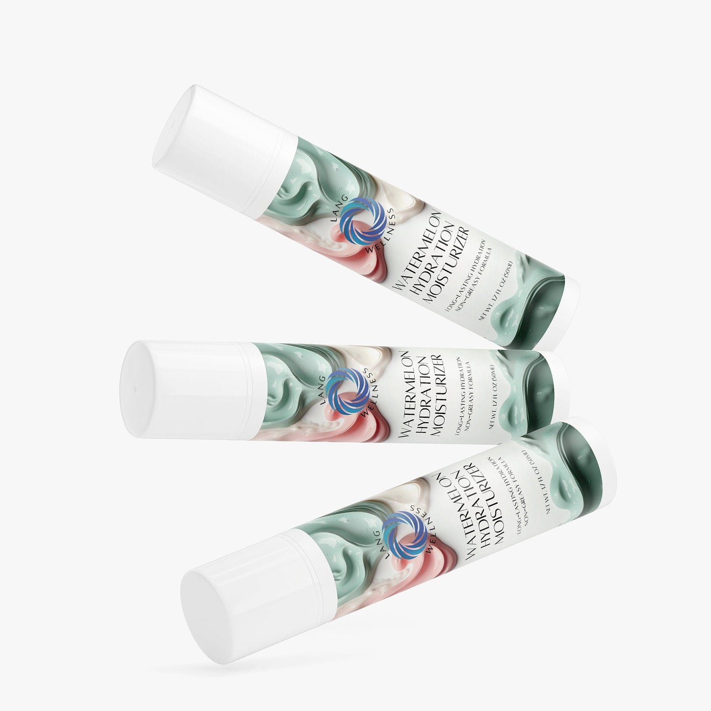 Watermelon hydration moisturizer tubes, three-pack view with white caps