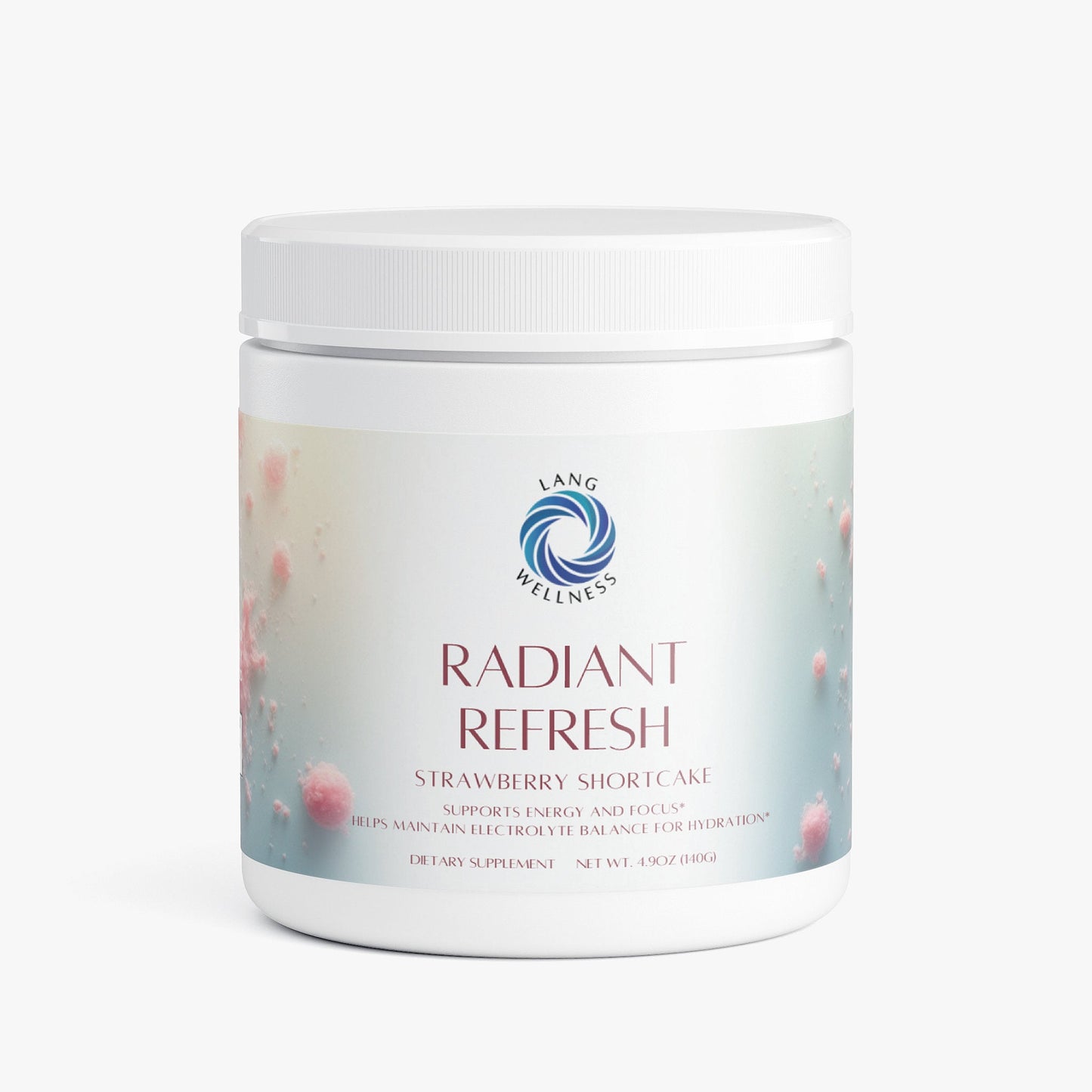 Skin care supplement tub, white body with blue strawberry label and white cap