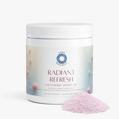 Skin care supplement tub with blue strawberry label and light pink powder beside it