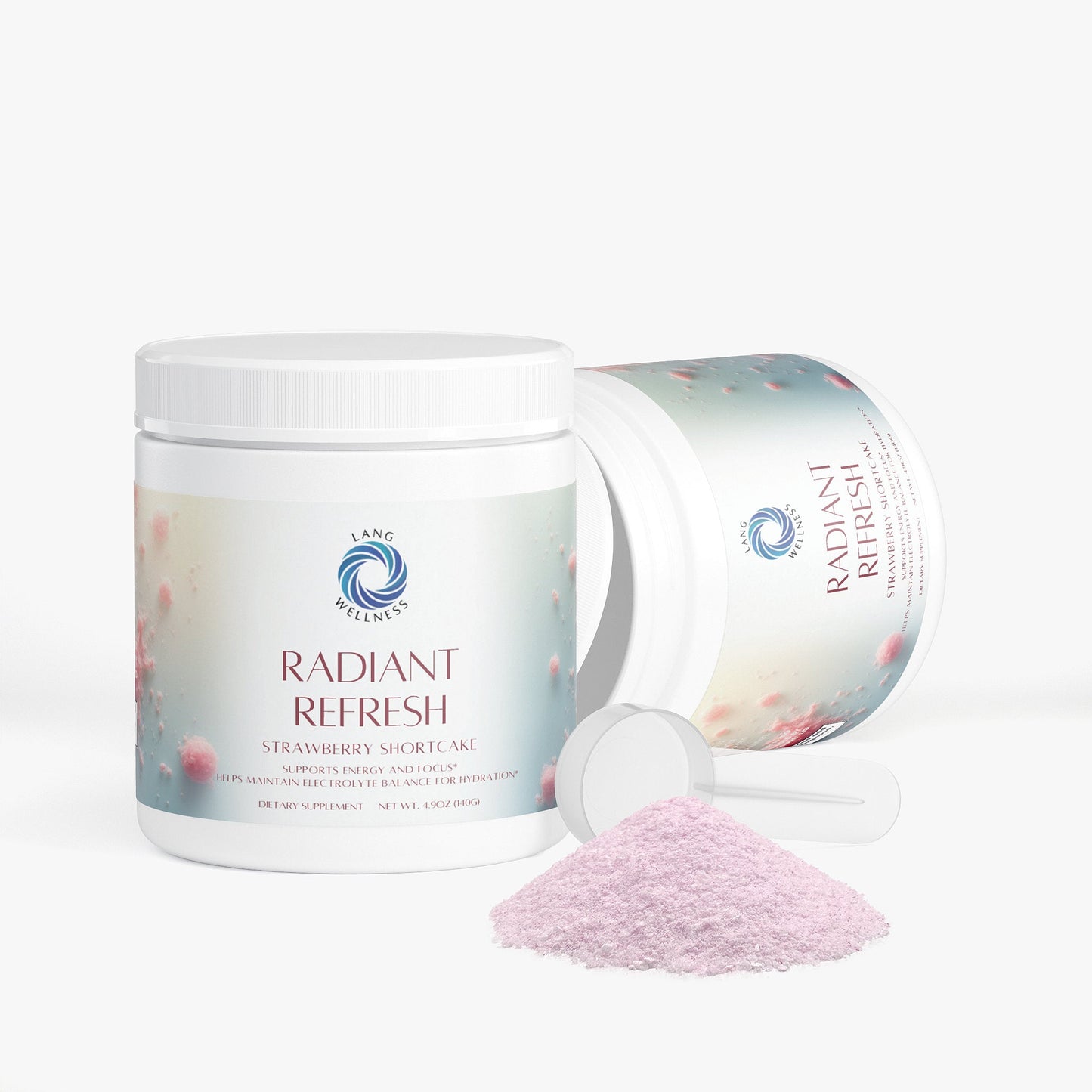 Opened skin care supplement tub with light pink powder and blue strawberry label