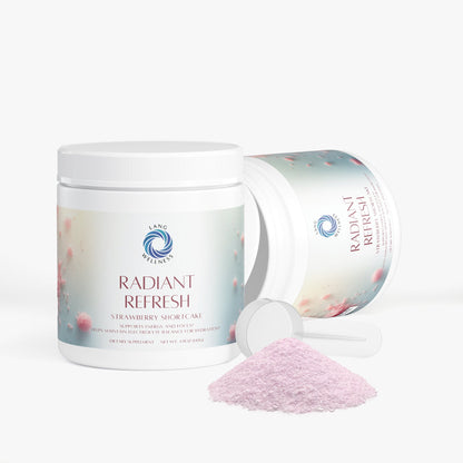 Opened skin care supplement tub with light pink powder and blue strawberry label