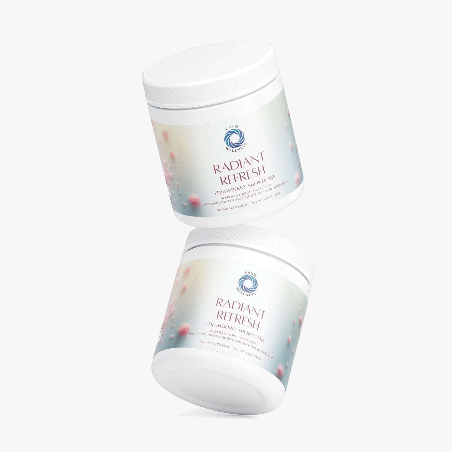 Skin care supplement tubs, one upright and one tipped, both with blue strawberry label
