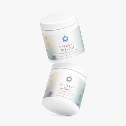 Skin care supplement tubs, one upright and one tipped, both with blue strawberry label