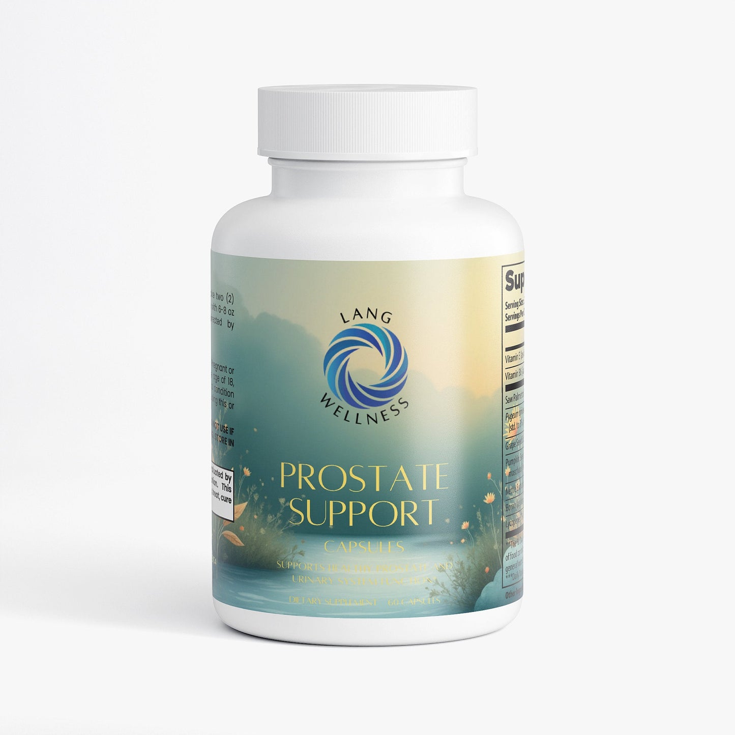 Prostate support supplement bottle with white cap, teal-blue label on plain background