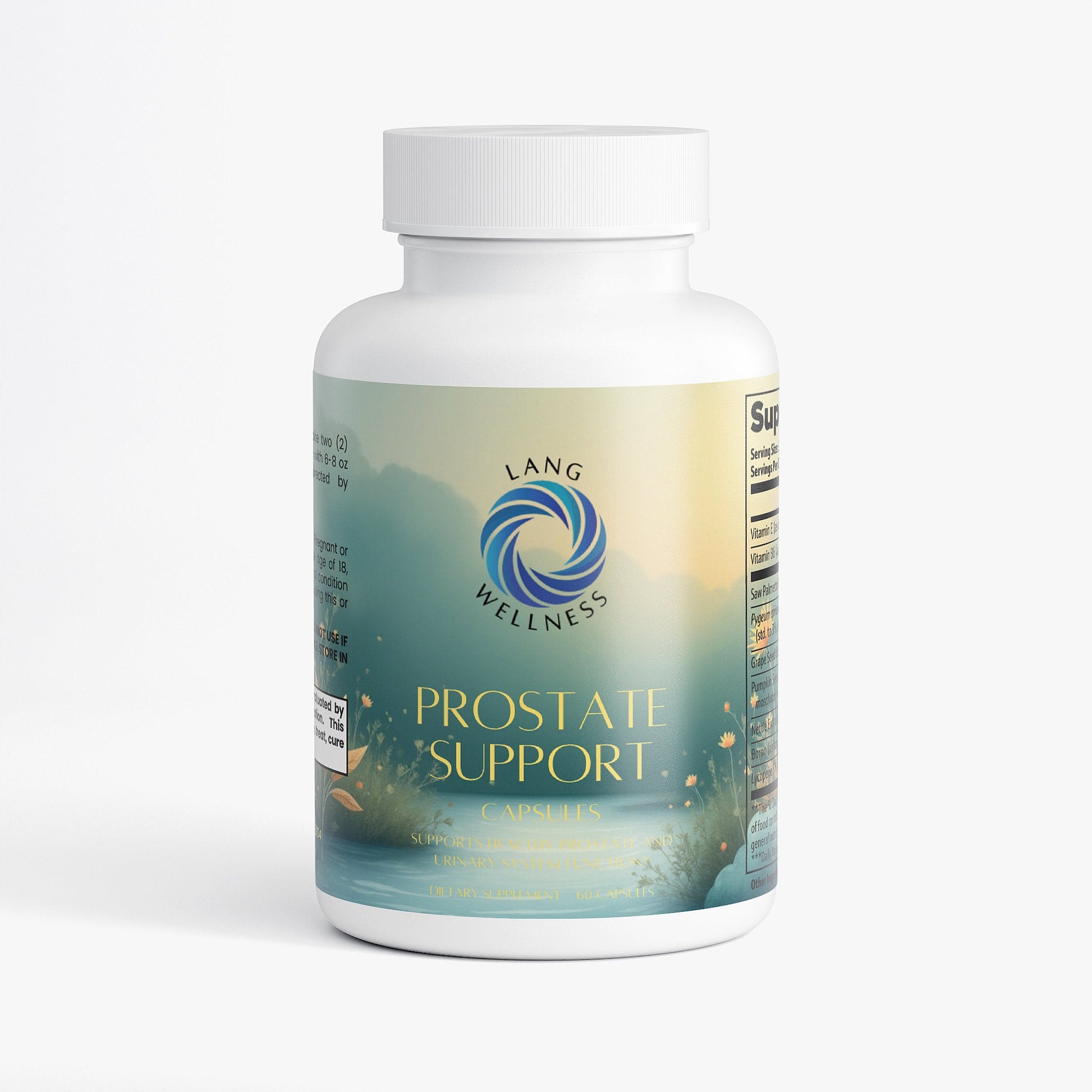 Prostate support supplement bottle with white cap, teal-blue label on plain background