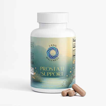 Prostate support supplement bottle with white cap and a few brown capsules near base