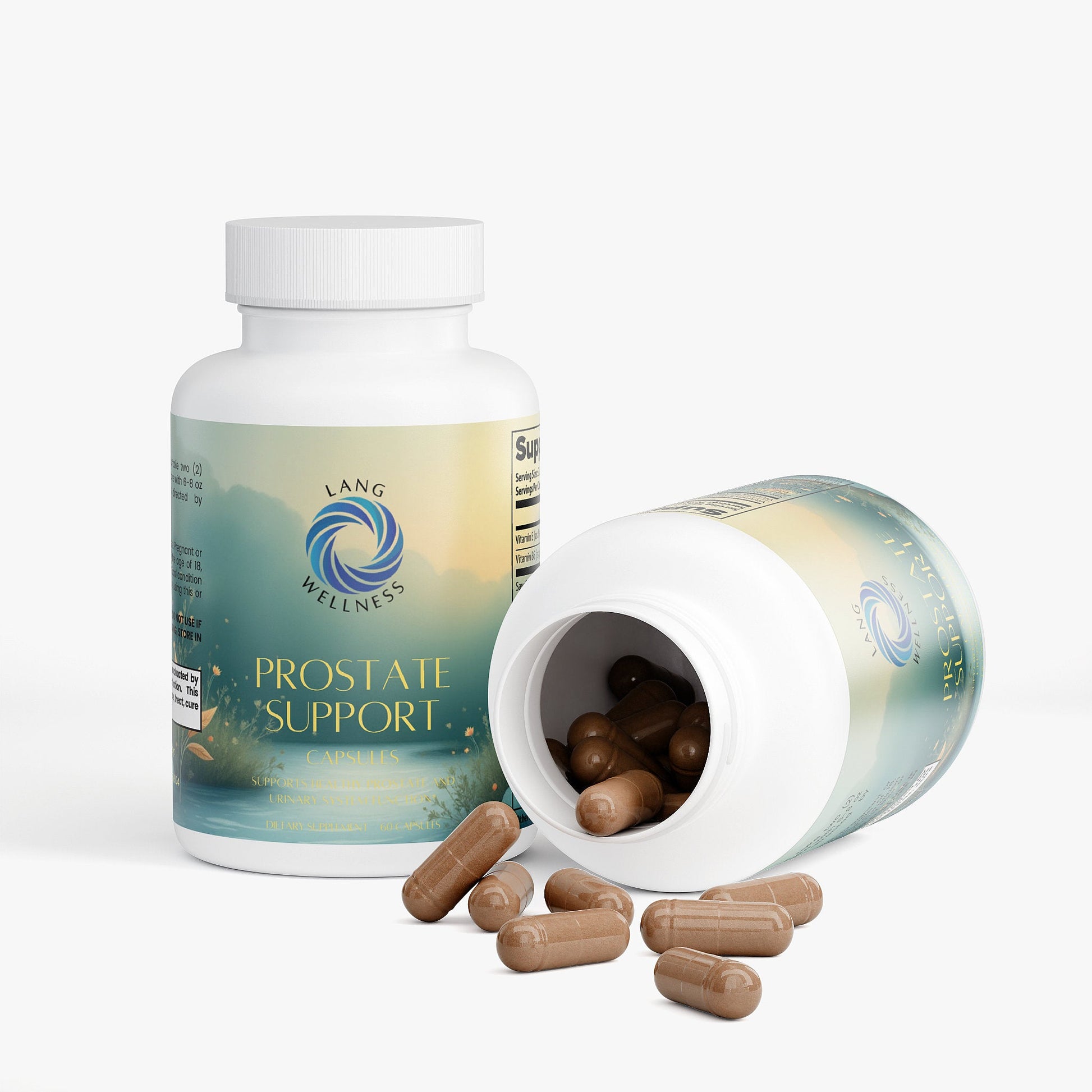 Prostate support supplement bottle lying with brown capsules spilling from open top